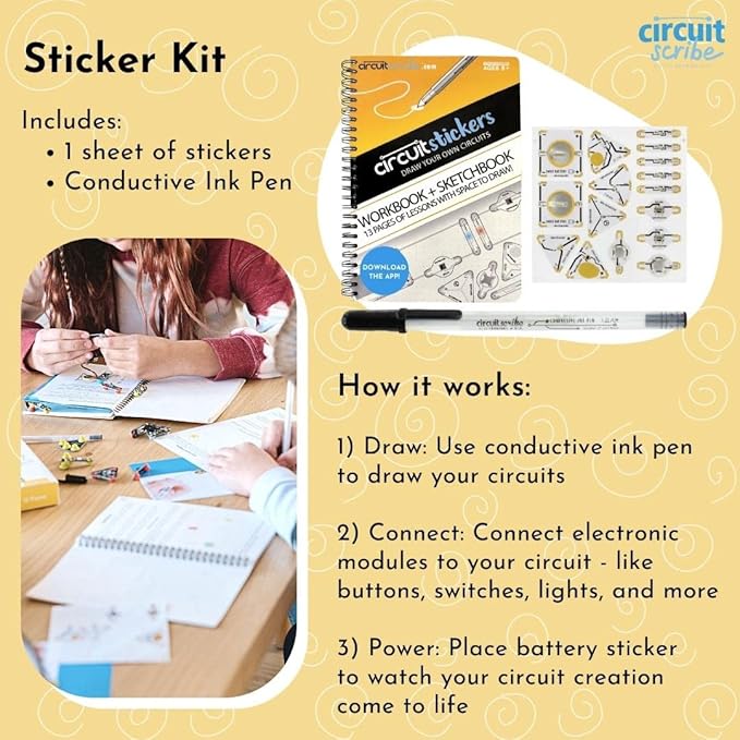 Circuit Scribe Sticker Kit | Circuit Drawing Conductive Ink Pen & 11 Electronic Sticker Modules for Future Inventors | 27 Lessons Workbook | Learning & Education STEM Toy for Ages 8+