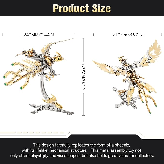 Microworld 3D Metal Puzzle for Adults, Phoenix 3D Metal Model Kits, Mechanical Challenge 3D Puzzle, DIY Animal Difficult 3D Puzzles Home Decor Art Craft Gifts (Gold)