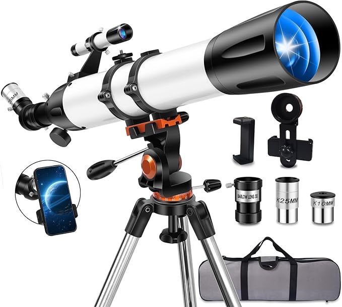 Telescope for Adults High Powered 90mm Aperture 800mm(32X-240X),Refractor Telescopes for Astronomy Beginners with AZ Mount Tripod,Phone Adapter,Carry Bag
