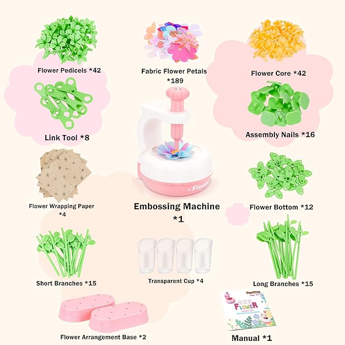 PERRYHOME Fabric Flower Bouquets Toys, 300+ Pcs DIY Flower Making Kit, 2 Gameplays Educational Arts & Crafts for Kids, Reusable Bouquets Maker Birthday Gift for 3 4 5 6 7 8 Years Toddler Girl