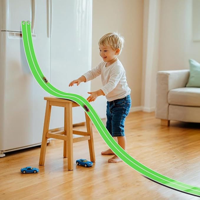 Flex Tracks 15 Ft for Kids Starter Set, Flexible Race Car Ramp Track with Suction Cups Compatible with Diecast 1/64th Cars for Ages 3 & Up (Green & White)