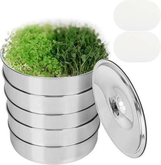 EBaokuup 5-Tier Stainless Steel Seed Sprouting Tray Kit-8.6" x 8.3" Stackable Mesh Seed Sprouting with Base & Lid-Seed Sprouting Germination Tray for Bean Sprouts Growing