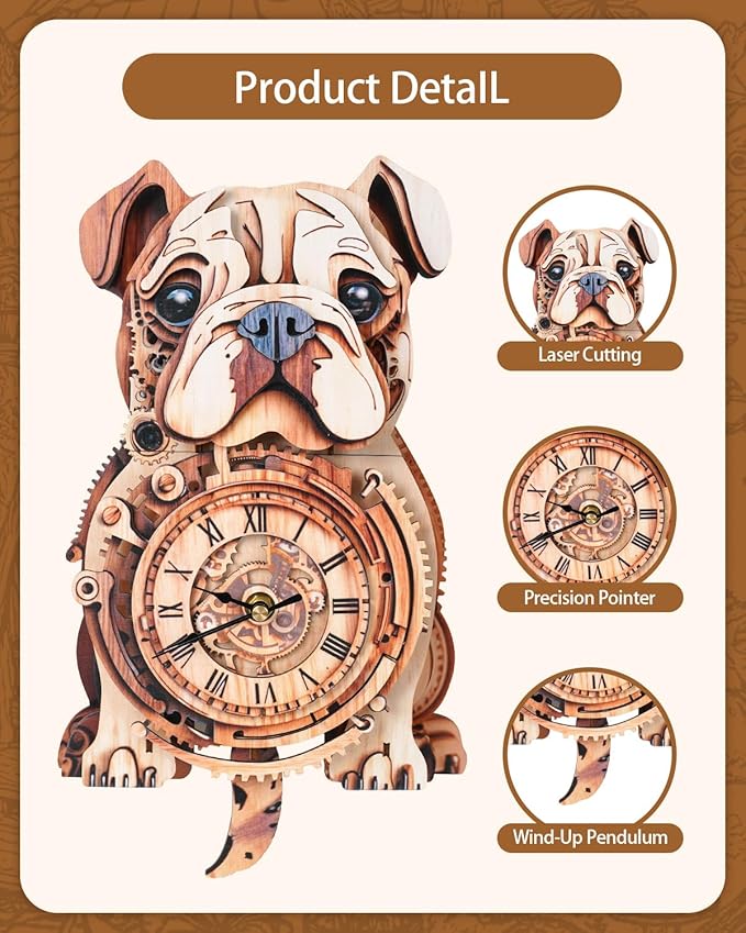 3D Wooden Puzzles for Adults, 3D Puzzles Bulldog Clock(with Pendulum) 32Pcs, Beginners Wooden Puzzle for Adults Home Wall Decor Clock Crafts for Adult Puzzle Gift for Women Men