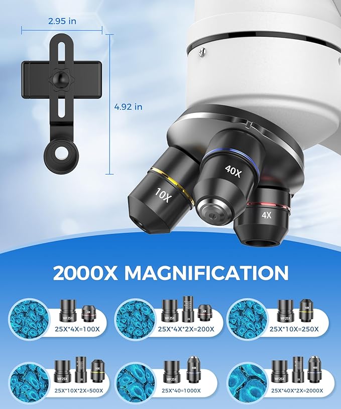 Compound Binocular Microscope for Adults, Professionals & Kids, 40X-2000X Magnification with LED Illumination, Mechanical Stage, WF10x & WF25x Eyepieces，Compatible for Lab, School, Home Education
