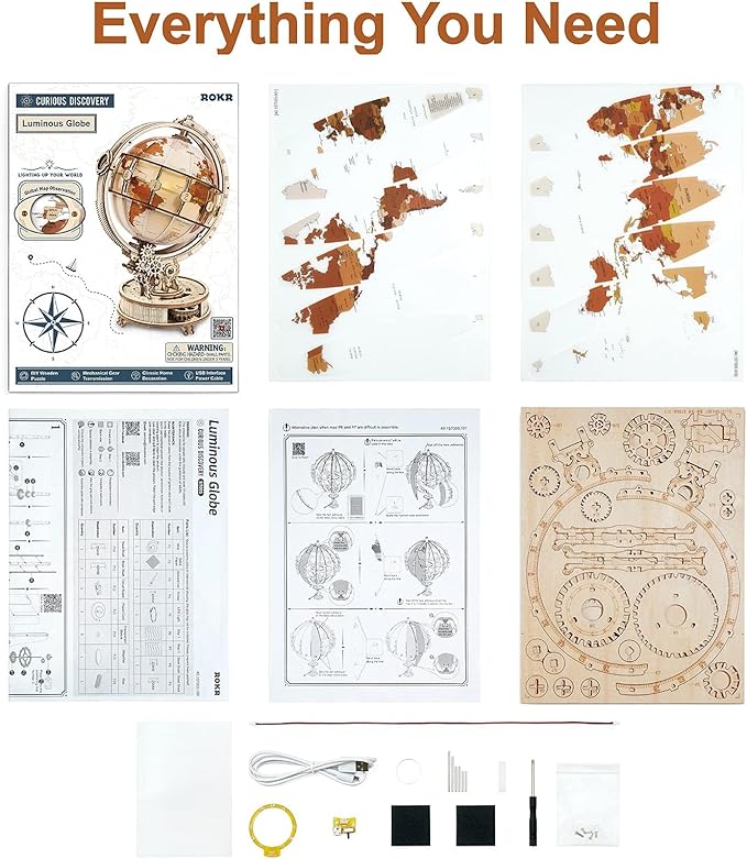 ROKR 3D Wooden Puzzles for Adults-LED Illuminated Wooden Globe Puzzle-Model Building Kits-Room Decor for Teen Girls Boys Women Men