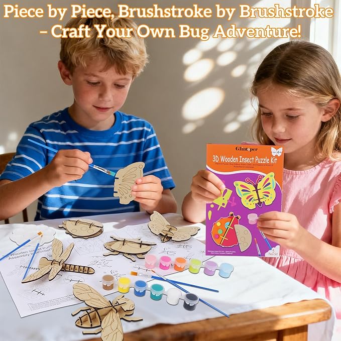 Glintoper Wooden Insect Crafts Painting Kit for Kids, 5 Piece Set 3D Insect Puzzle with Brushes & Paint, Gift for Boys Girls Age 3 4 5 6 7 8, DIY Your Own for Christmas Easter Birthday Party Favors