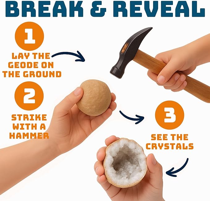 Break Your Own Geode Kit – 10 Natural Geodes 2.75 to 3.5 Inch Crack-Open Experience + Easy to Open + Tools + Geologist Guide – Less Effort for Easy Reveal – STEM Activity + Collectable Gems - Large