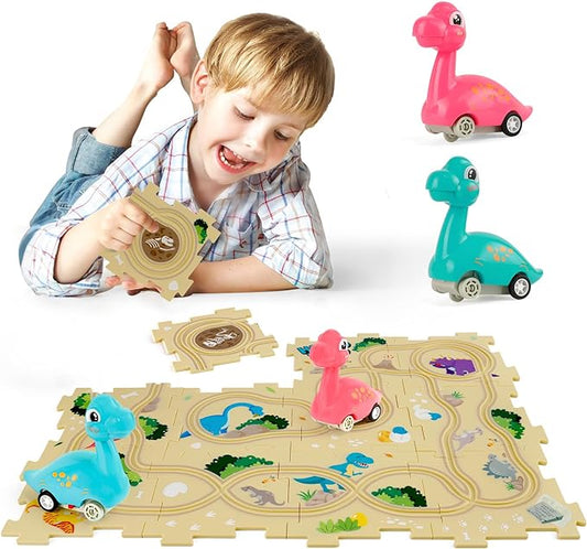 Puzzle Racer Kids Car Track Set with 2 Dino Cars, Kids Toys Boys 3-5, Toys for 3 4 5 6 Year Old Boys, Toys for Ages 3-4, Car Tracks for Toddlers, Montessori Toys for 3+ Year Old