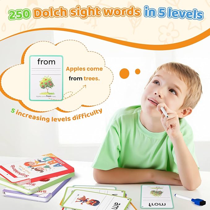 Big Size Sight Words Flash Cards Kindergarten, 250 Dolch Sight Words Game with 5 Levels, Preschool Toddler Flash Card for Writing Reading Spelling Game, Educational Learning Toy for Kid Age 3