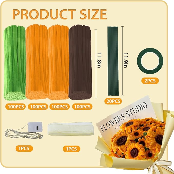 LOLEDE Pipe Cleaners Craft Flowers Kit 400 Pcs, 400 Pcs 3 Colors 11.8inch Fuzzy Pipe Cleaners Bulk, Chenille Stems for DIY Flower Making Kit Crafts, Floral Stems & Tape & Ribbon (Yellow)