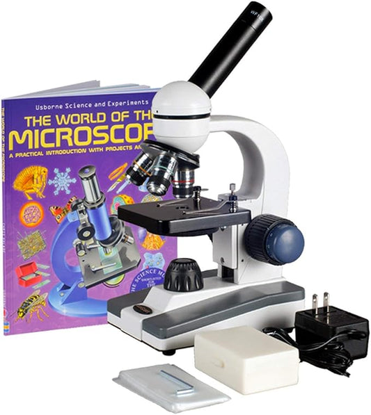 AmScope M150C-PS25-WM Compound Monocular Microscope, WF10x and WF25x Eyepieces, 40x-1000x Magnification, LED Illumination, Brightfield, Single-Lens Condenser, Coaxial Coarse and Fine Focus, Plain Stage, 110V, Includes Set of 25 Prepared Slides and Book