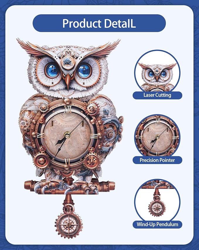 3D Wooden Puzzles for Adults, 3D Puzzle Owl Clock Kit (with Pendulum), Mechanical Owl 3D Puzzles for Adults Home Decor DIY Clock Puzzle Gifts for Women Men