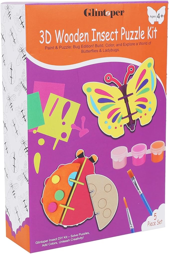 Glintoper Wooden Insect Crafts Painting Kit for Kids, 5 Piece Set 3D Insect Puzzle with Brushes & Paint, Gift for Boys Girls Age 3 4 5 6 7 8, DIY Your Own for Christmas Easter Birthday Party Favors