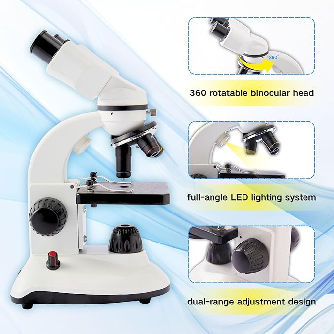 Compound Binocular Microscope for Kids Adults Students,40X-2000X,Microscope Kits for Home Eduaction,Learning Kits(White/Black)