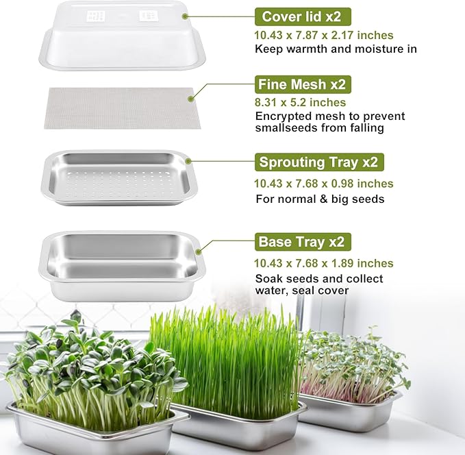2 Pack Seed Sprouting Kit with Lid, 10.4 Inch Stainless Steel Soilless Culture Germination Tray, Microgreens Growing Kit, Encrypted Mesh Seed Starter Tray for Beans Alfalfa Broccoli Wheat Grass