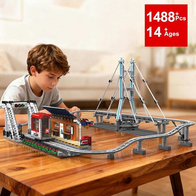 Sosuy Motorized Urban Railway Building Blocks Set, 1488+ Pcs Train Station with Tracks, Bridge & Control Station, Creative DIY STEM Toys Construction Kit, for Boys Teens Adults Men