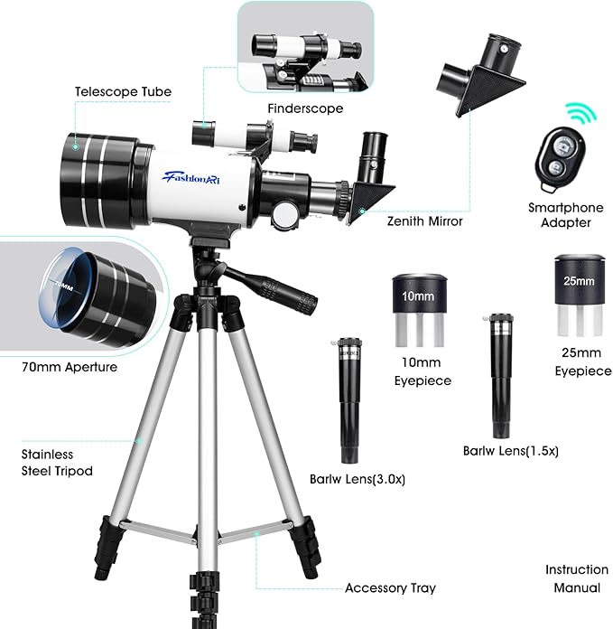 Telescope for Kids Beginners, Telescope for Kids 8-12, High Power 70mm Aperture 300mm Focal Length Astronomical Scope