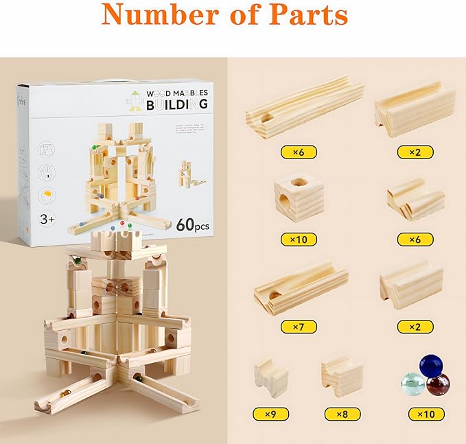 Wooden Marble Run for Kids Ages 4-8, 60 Pieces Wood Building Blocks Toys and Construction Play Set, Marble Track Maze Game STEM Learning Toys Gifts for Boys Girls