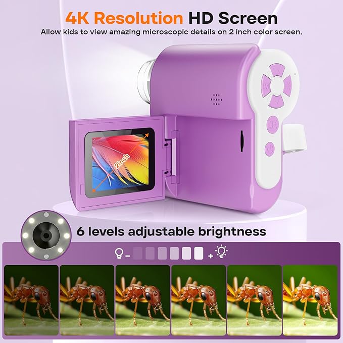 LAKWAR 1000X Handheld Digital Microscope for Kids: 4K 2.0" Screen Portable Digital Microscope for Kids 8-12 Home School Science Education (Purple)