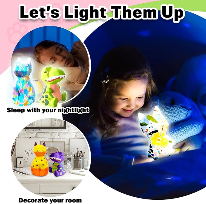 FUNZBO 2Pcs Paint Your Own Dinosaur & Cat Lamp - Arts and Crafts Supplies Painting Kits for Kids Teens, DIY Night Light Toy for Toddler Girls Boys Ages 3 4 5 6 7 8 9 10 11 12 Christmas Birthday Gifts