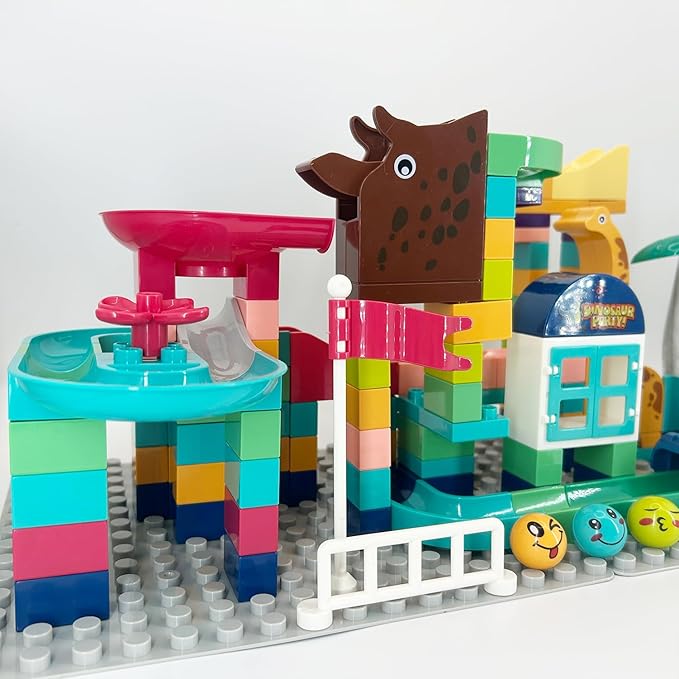 147Pcs Marble Track Classic Big Blocks Toys Set, STEM Educational Construction Toy with Dinosaur and Giraffe Theme, of Marble Run Toys for Kids Age 3+