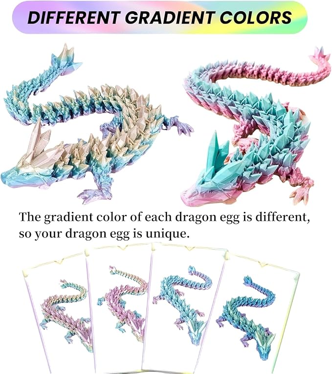 3pcs 12in 3D Printed Crystal Dragon,3D Printed Flexible Articulated Dragon,Home Office Decor Executive Desk Toys, Fidget Toys for Autism/ADHD (Rainbow Red Gold Green)