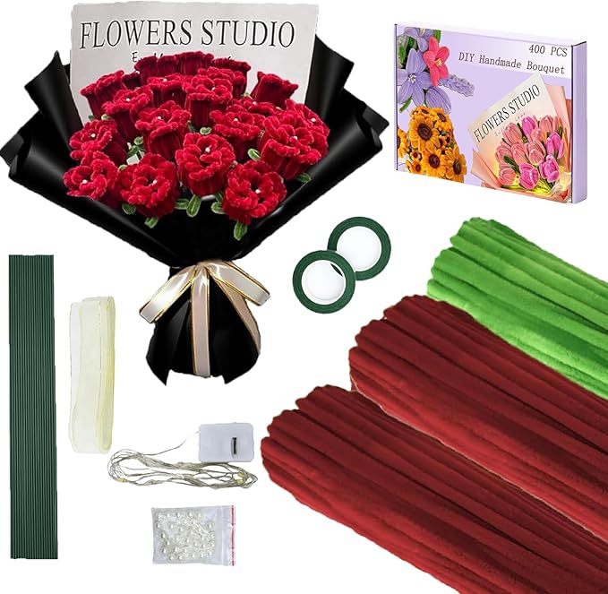 LOLEDE Pipe Cleaners Craft Flowers Kit 300 Pcs, 300 Pcs 2 Colors 11.8inch Fuzzy Pipe Cleaners Bulk, Chenille Stems for DIY Flower Making Kit Crafts, Floral Stems & Tape & Ribbon & Pearls(Rose)