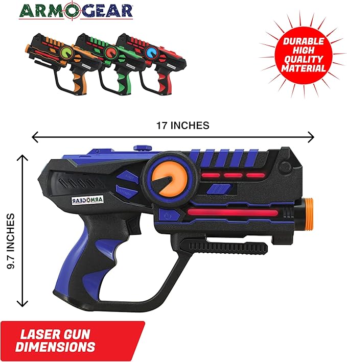 ArmoGear Set of 4 Laser Tag Guns with Vests - Laser Tag Set for Kids and Adults - Toy Guns with 150 ft Range, Night Vision, Invisibility Mode - Battery Operated - Multiplayer Outdoor Game for Ages 8+