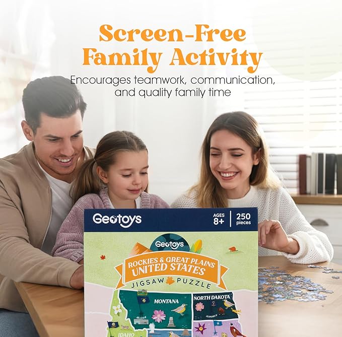 Geotoys Rockies & Great Plains Region Jigsaw Puzzle - 250 Piece Puzzles for 8 Year Olds - Jigsaw Puzzles for Kids Ages 8-12 Years Old - Kids Puzzle Games with Colorful Landmarks