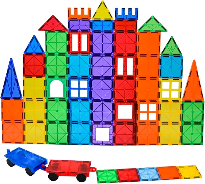 Gemmicc 100 PCS Magnetic Tiles with 2 Cars, STEM Approved Educational Magnet BuildingToys, Magnet Puzzles Stacking Blocks for Boys Girls