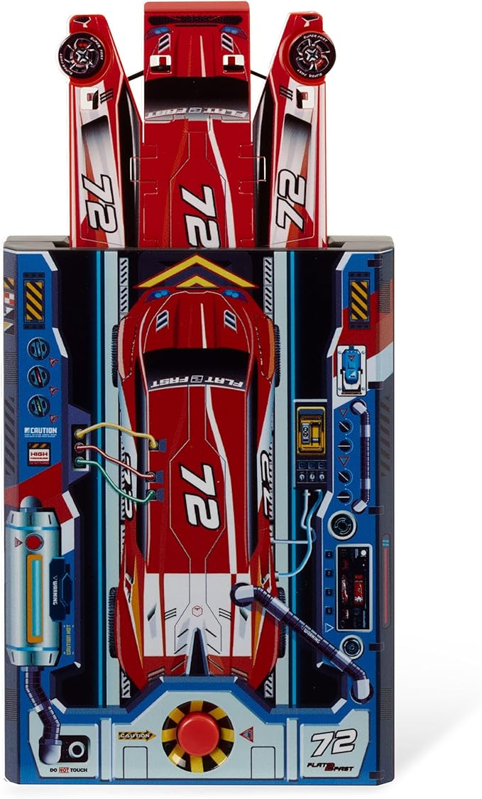 FLAT 2 FAST Original Stunt Card Racer – Flat Car Racer and Pocket Size Racecar Launcher with Built-in Button for Stunt Launching and Racing – Compact – Red