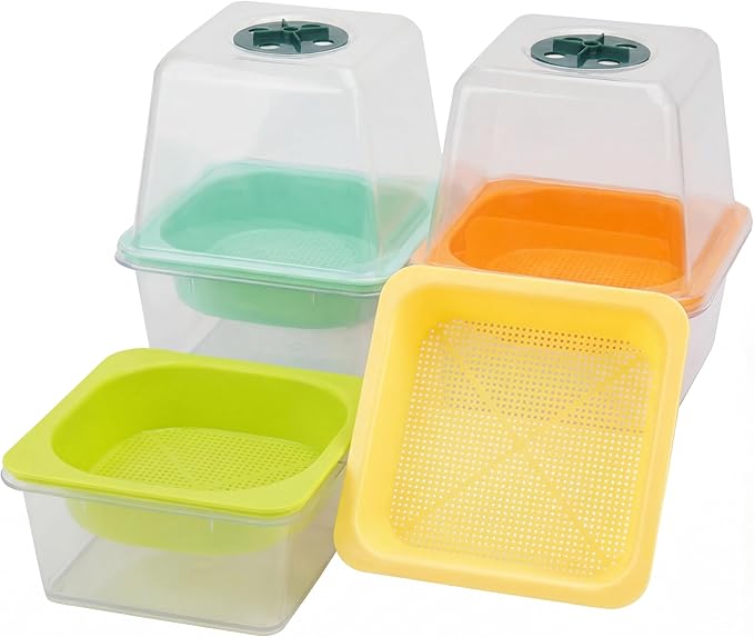 Microgreen Growing Trays, 5" x 5" Sprouting Tray with Humidity Dome, 1.2 mm Small Mesh Holes, BPA Free, Sprouter Kit for Growing Mirco Seeds, Like Broccoli, Alfalfa, Radish, Clover - 4 Pack | Clear