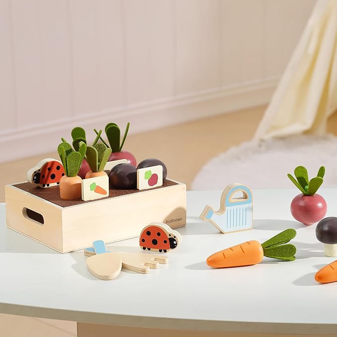 Wooden Play Food Set for Kids Kitchen Accessories, Montessori Gardening Playset for Kids Pretend Play Food, Plant & Harvest Toy Kit, Educational Toy Gift for 3 4 5 6 7 Years Old Boys Girls