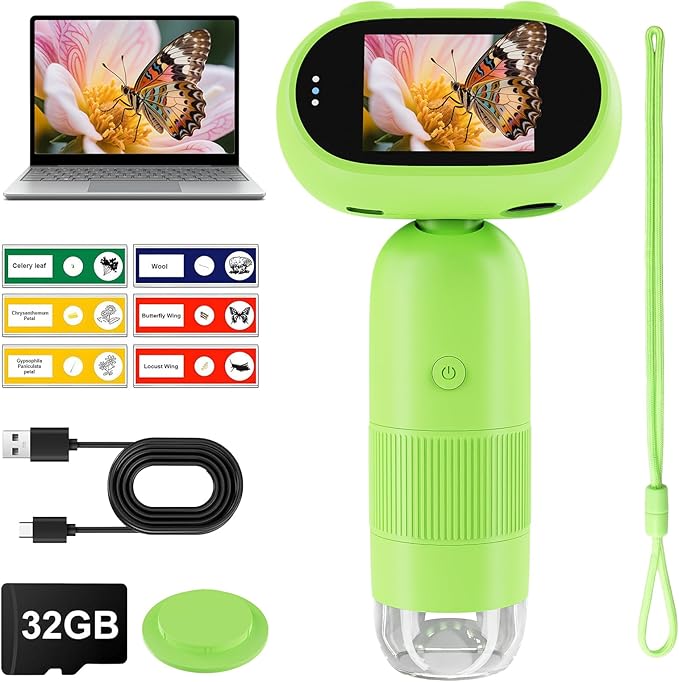 Kids Microscope Aurosports Microscopes Handheld Pocket - 1000X Miniscope Portable with Photo & Video - 2 Inch HD IPS Screen 32GB Digital Microscopes for Gifts