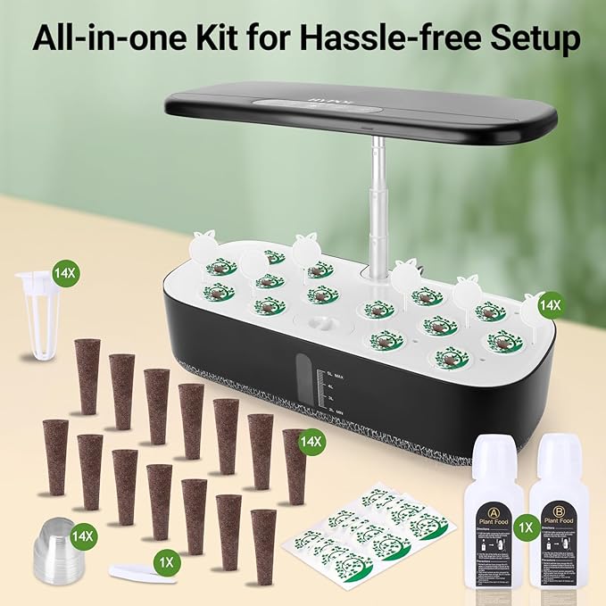 Hydroponics Growing System with LED Grow Light, 14 Pods Indoor Herb Garden Full Spectrum Rotatable Light Panel, Auto On Off Timing 12 14 16Hrs, 5L Water Tank, Harvest Fresh Veggie Lettuce Basil Tomato