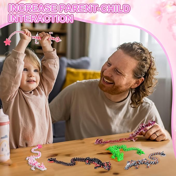 3D Printed Dragon Cherry Blossom and Mushroom Dragons, Articulated Pink Fidget Toys for Autism and ADHD, Perfect Basket Essentials Stuffers and Desk Accessories for Home