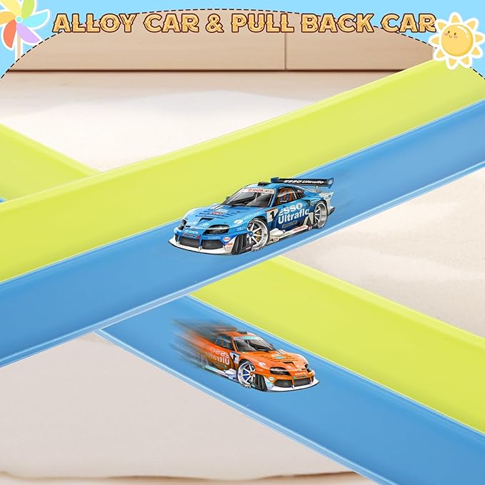 Flex Tracks 15 Ft for Kids Starter Set, Flexible Race Car Ramp Track with Suction Cups Compatible with Diecast 1/64th Cars for Ages 3 & Up (Green & Blue)
