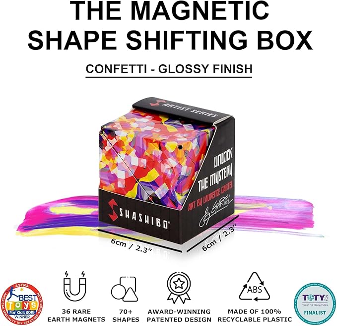 SHASHIBO Shape Shifting Box - Award-Winning Fidget Toy w/ 36 Rare Earth Magnets - Fidget Cube Transforms Into Over 70 Shapes, Sensory Toy Gift for Kids, Teens, and Adults (Confetti)
