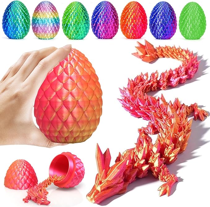 Easter Egg Dragon Egg 12In Dragon Toy 3D Printed Dragon Fidget Toys 3D Printed Dragon Egg with Articulated Dragon Inside Fidget Toys for Autism/ADHD (Red Mix Gold)