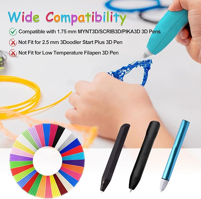 30 Colors 3D Pen Filament Refills 1.75mm PLA Threads Each Color 16.4 Feet Total 492 Feet with 2 Finger Caps Compatible with SCRIB3D and Compatible with MYNT3D 3D Pencil (3D Pen Not Included)