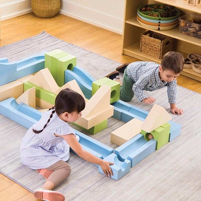 Kaplan Early Learning Ramp and Roll Discovery Blocks Set - 48 Pieces - STEM Marble Run Building Toy for Toddlers & Preschoolers, Oversized Foam Blocks with Included Balls, Physics and Engineering Play