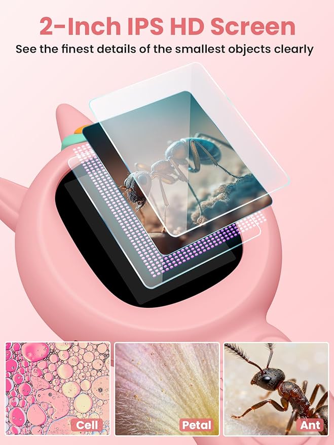 Microscope for Kids, Auto-Focus Handheld Digital Microscopes with 2.0" Screen, 8 LEDs Rechargeable Pocket Mini Microscope Christmas Gifts Educational Science Toys for Ages 5 6 7 8 9 10 11 12