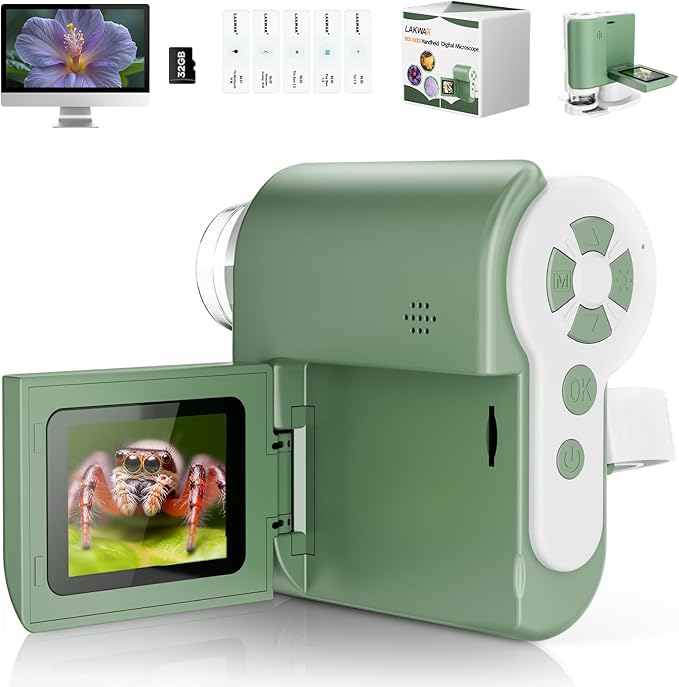 LAKWAR 1000X Handheld Digital Microscope for Kids: 4K 2.0" Screen Portable Digital Microscope for Kids 8-12 Home School Science Education (Green)