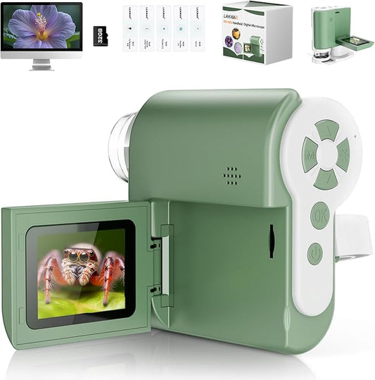 LAKWAR 1000X Handheld Digital Microscope for Kids: 4K 2.0" Screen Portable Digital Microscope for Kids 8-12 Home School Science Education (Green)