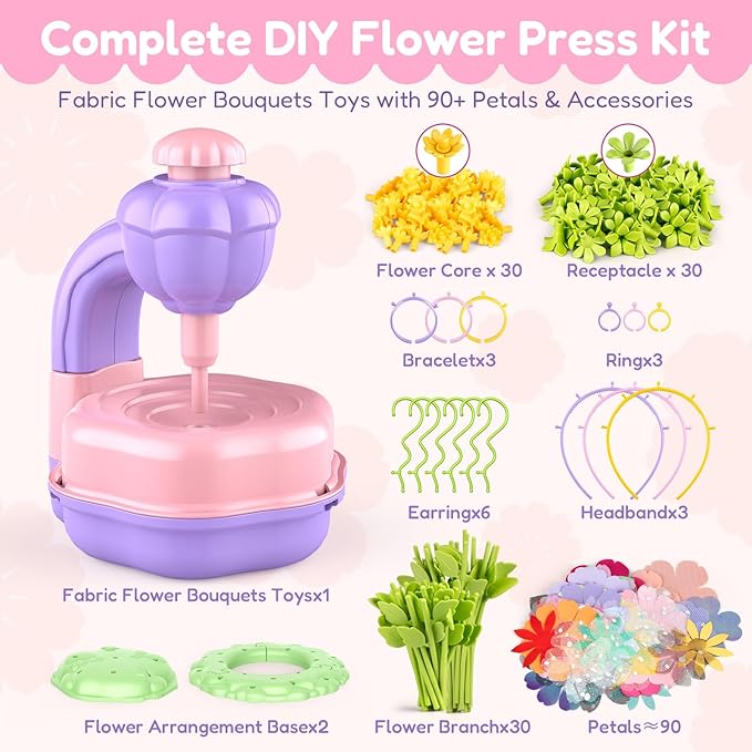 Fabric Flower Bouquets Toys DIY Flower Press Kit Arts and Crafts for Kids Ages 4-8 6-8 8-12 Girls, Creative Flower Bouquet Making Set Craft Supplies Gifts for 7 Year Old Girl Birthday Christmas