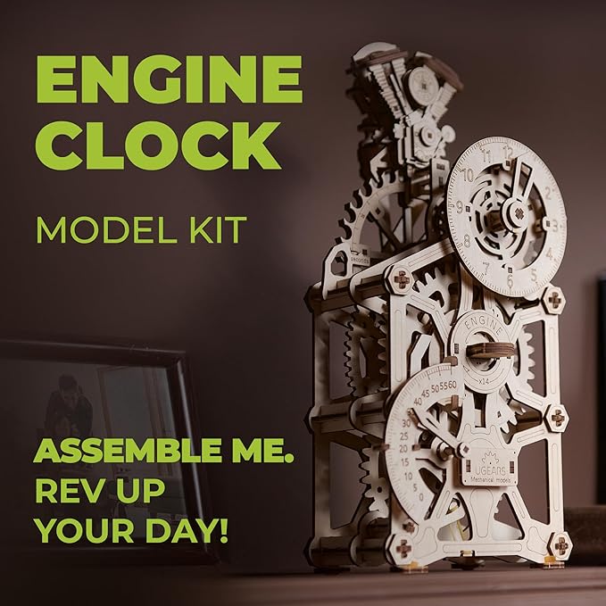 UGEARS Engine Clock 3D Wooden Puzzles for Adults – Wooden Model Kits for Adults, Mechanical Clock Kit with Moving Pistons, Steam Engine Kits, Clocks Kits for Do It Yourself, Brain Teaser 3D Puzzle