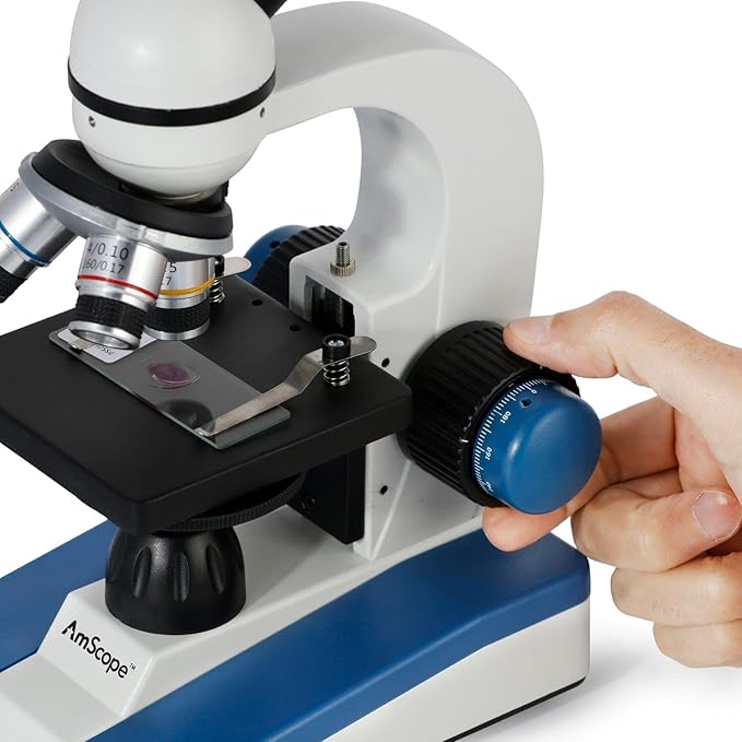 AmScope M150 Series Portable Student Monocular Compound Microscope - 40X-1000X Magnification - Features LED Light & 25 Prepared Slides - Has Coarse & Fine Focus