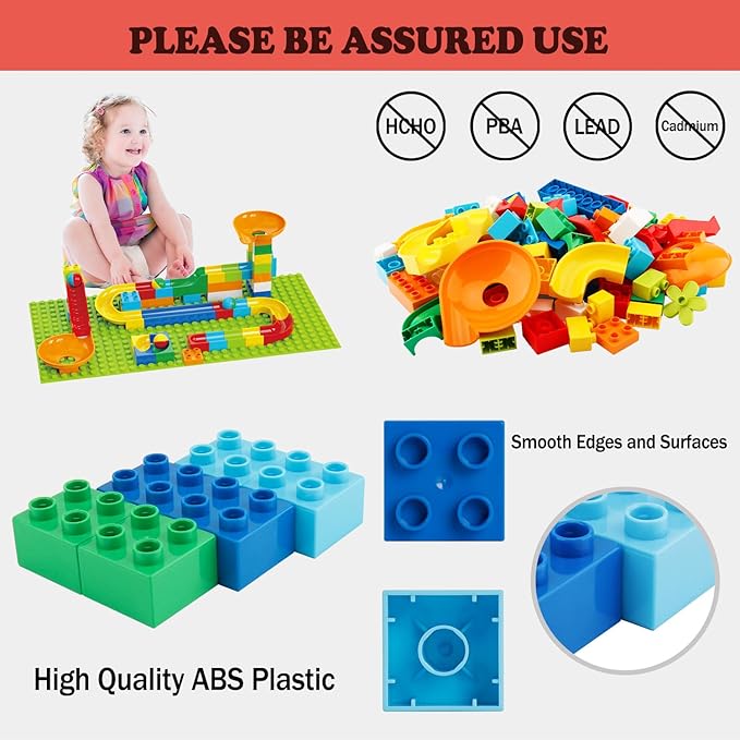 Marble Run Building Blocks for Kids Age 3-8, 128 Pcs STEM Building Bricks Set with Toss Ring Game, Educational Learning Toys for Toddlers Boys Girls Gifts- Compatible with All Major Brands