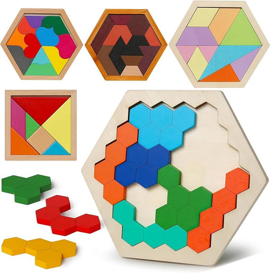 5 Pack Wooden Brain Teaser Puzzles Sets for Kids,Montessori Brain Blocks Logic Tangram Geometric Shapes Puzzle Matching Games Christmas Stocking Stuffers Gifts for All Ages Boys Girls