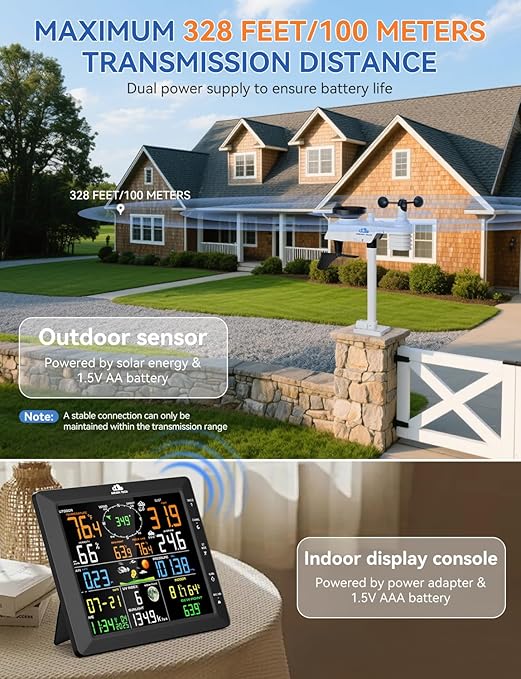 14-in-1 Wireless Weather Station with Outdoor Wireless Sensor,Radio-Controlled Clock,Rain Gauge,Wind Speed/Direction,Moon Phase,Wind Chill Index,Outdoor Dew Point,Barometer(NO WiFi)